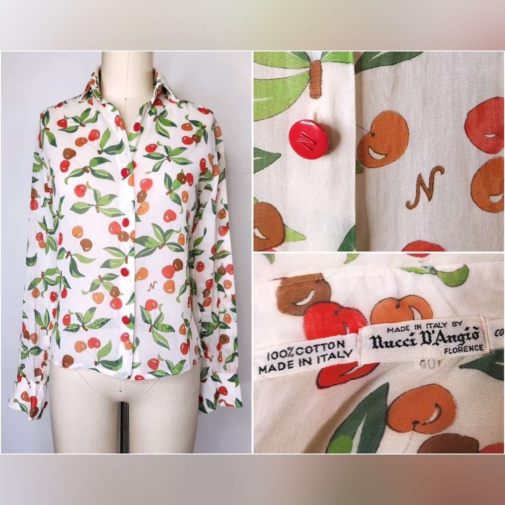 70s CHERRIES Blouse Novelty Print by Nucci D'Angio' Florence - Vintage Italian D